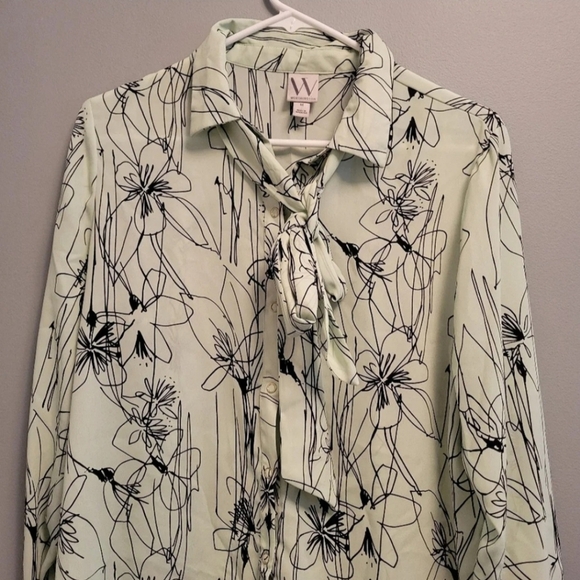 Worthington Floral Mint Green Tie Button-Up Blouse Medium Retro Chic EUC - Picture 3 of 8